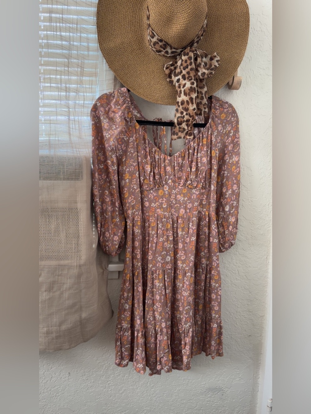 Floral Ruffle Tiered Long Sleeve Dress - Mauve Pink